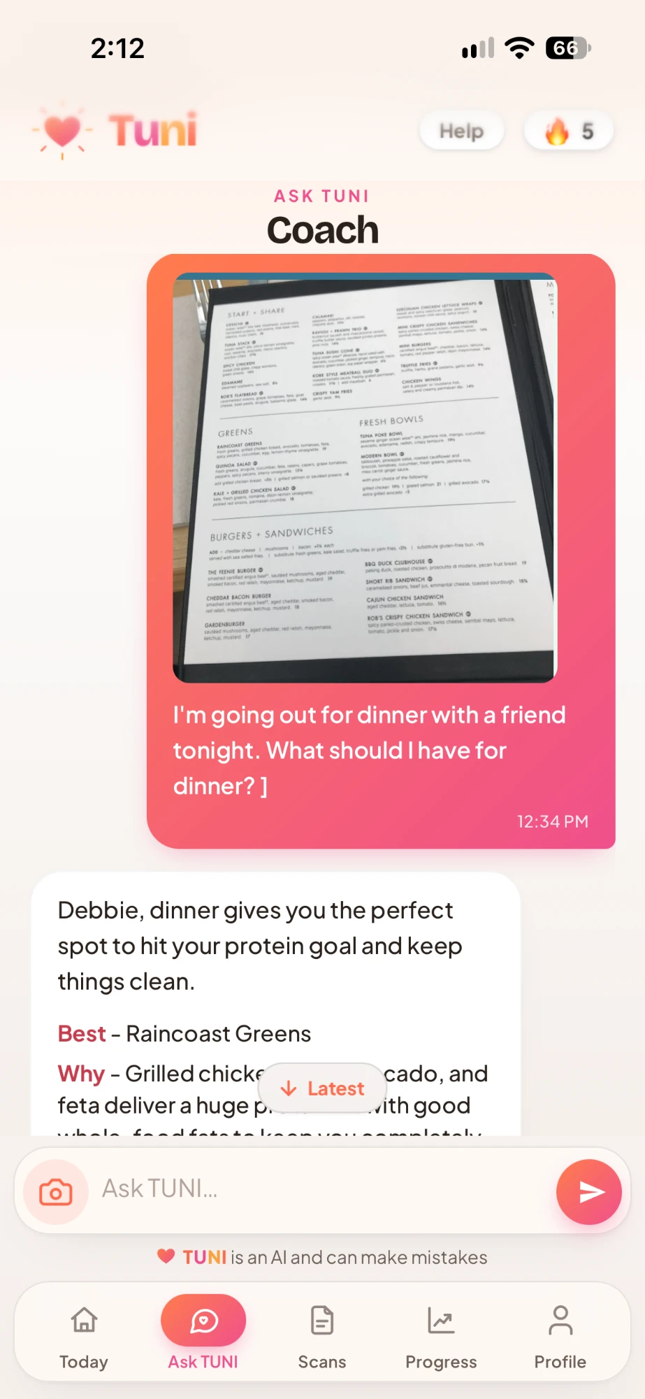 Tuni coach recommending what to order from a snapped menu