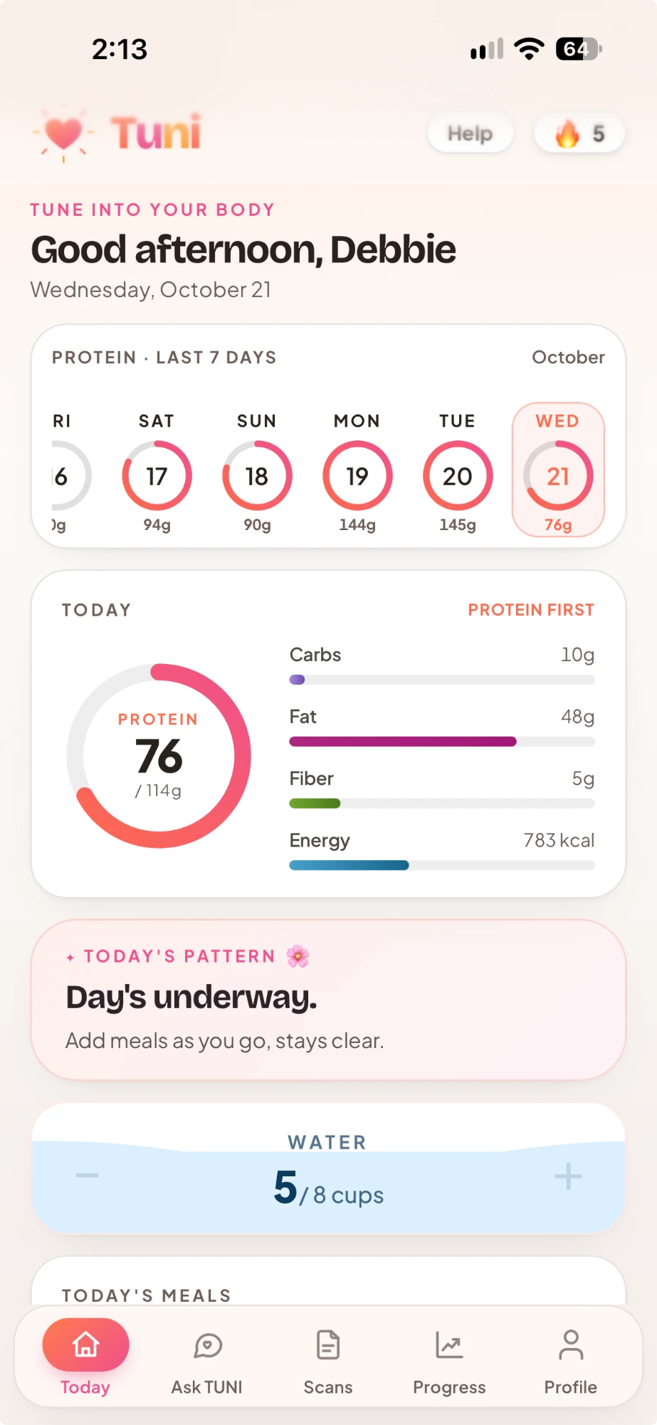 Tuni's daily tracking screen showing protein and progress